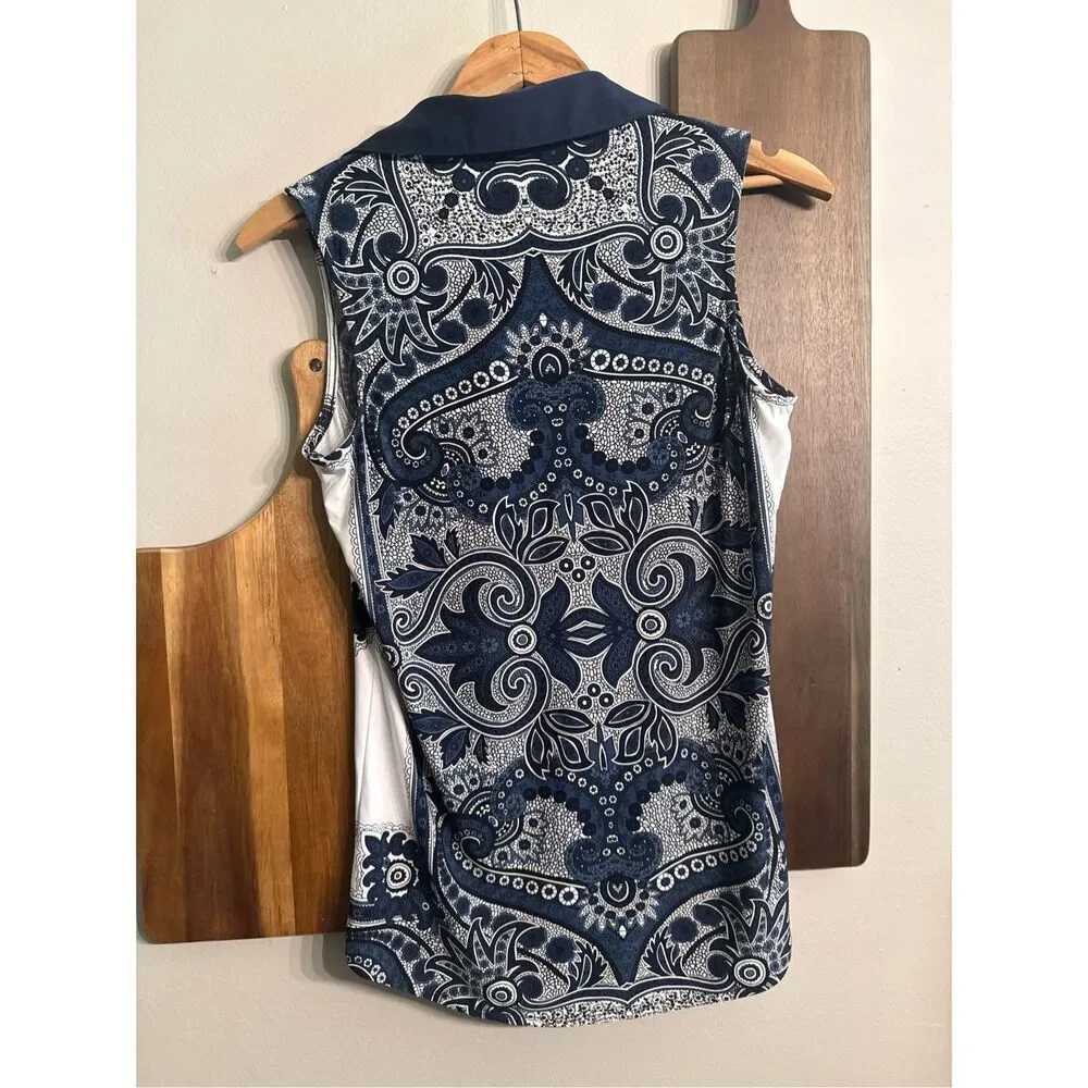 INC International Concepts Navy Cream Floral Paisley V-neck Sleeveless Blouse XS - Picture 2 of 4